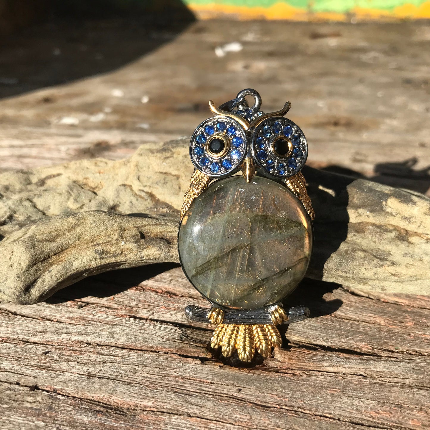 Sterling silver sapphire labradorite owl pendant