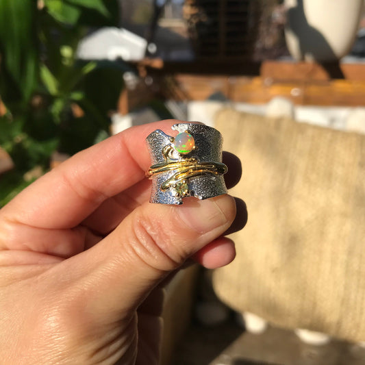 sterling silver Natural opal peridot  band ring 7