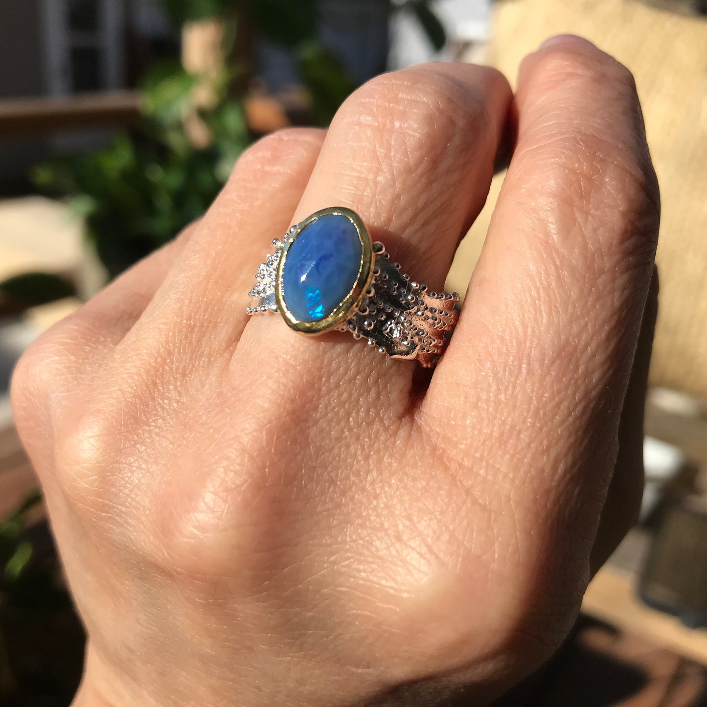 sterling silver Natural blue Opal statement ring 9