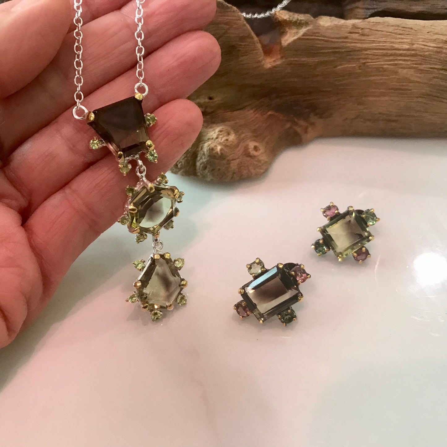 sterling silver Natural Lemon quartz peridot  pendant necklace