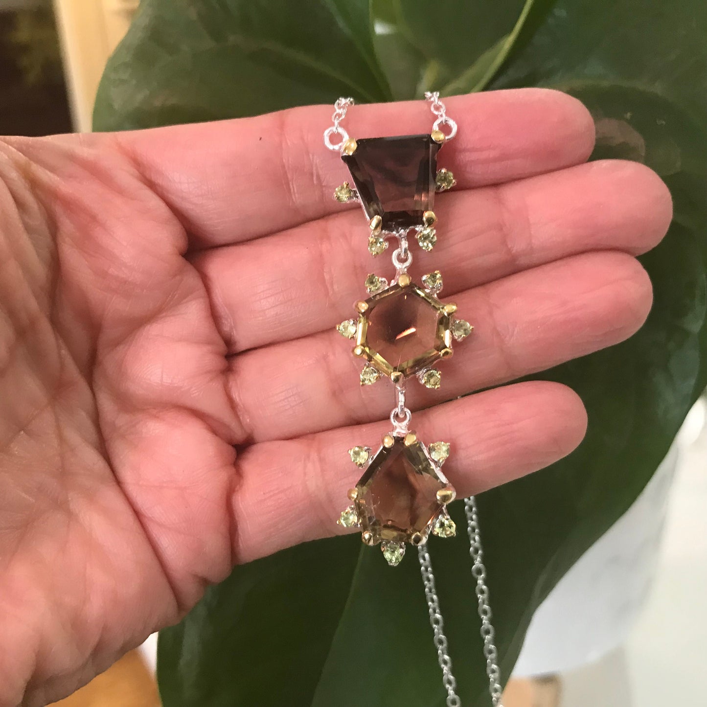 sterling silver Natural Lemon quartz peridot  pendant necklace