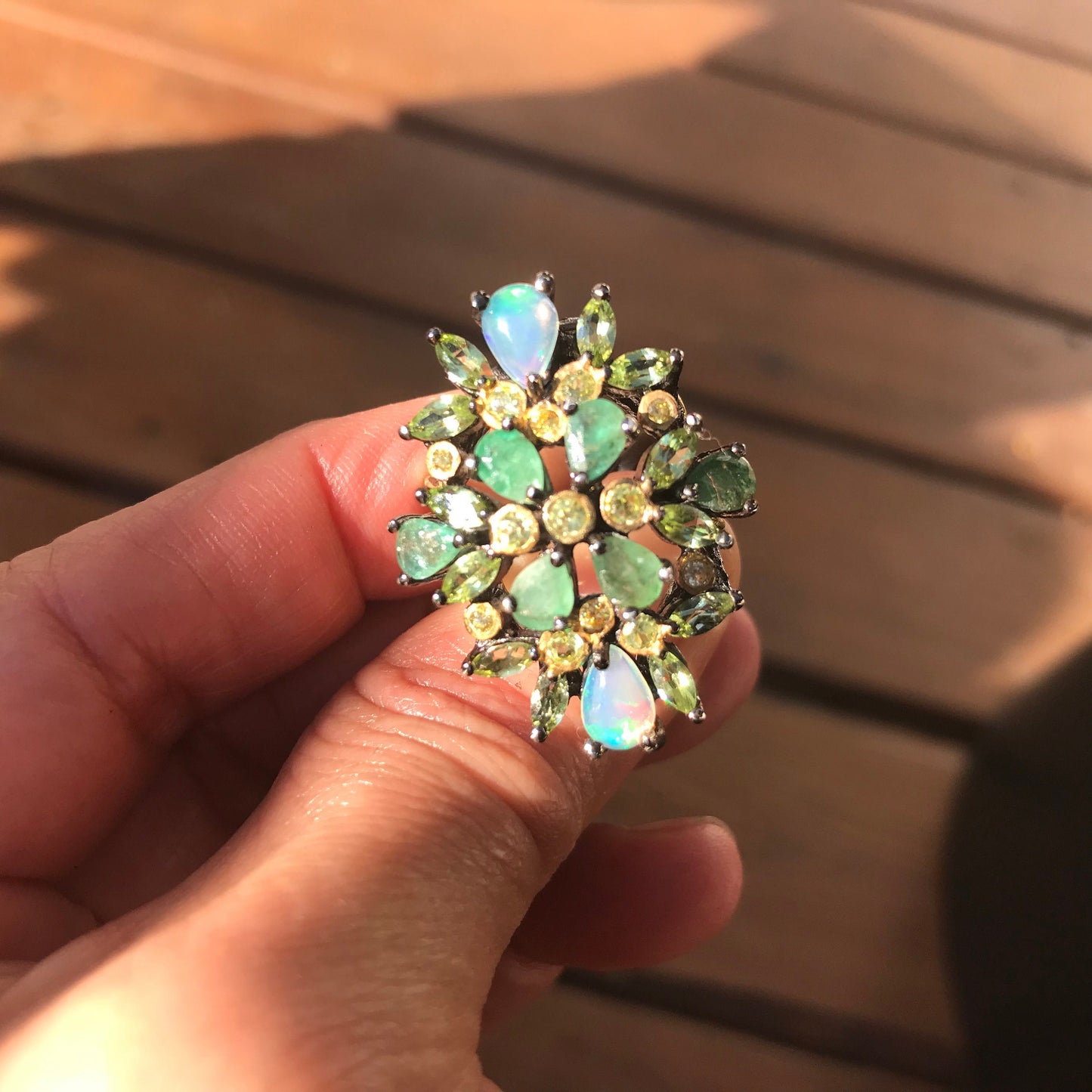 Sterling Silver Fire opal Emerald Fancy cluster Ring 5