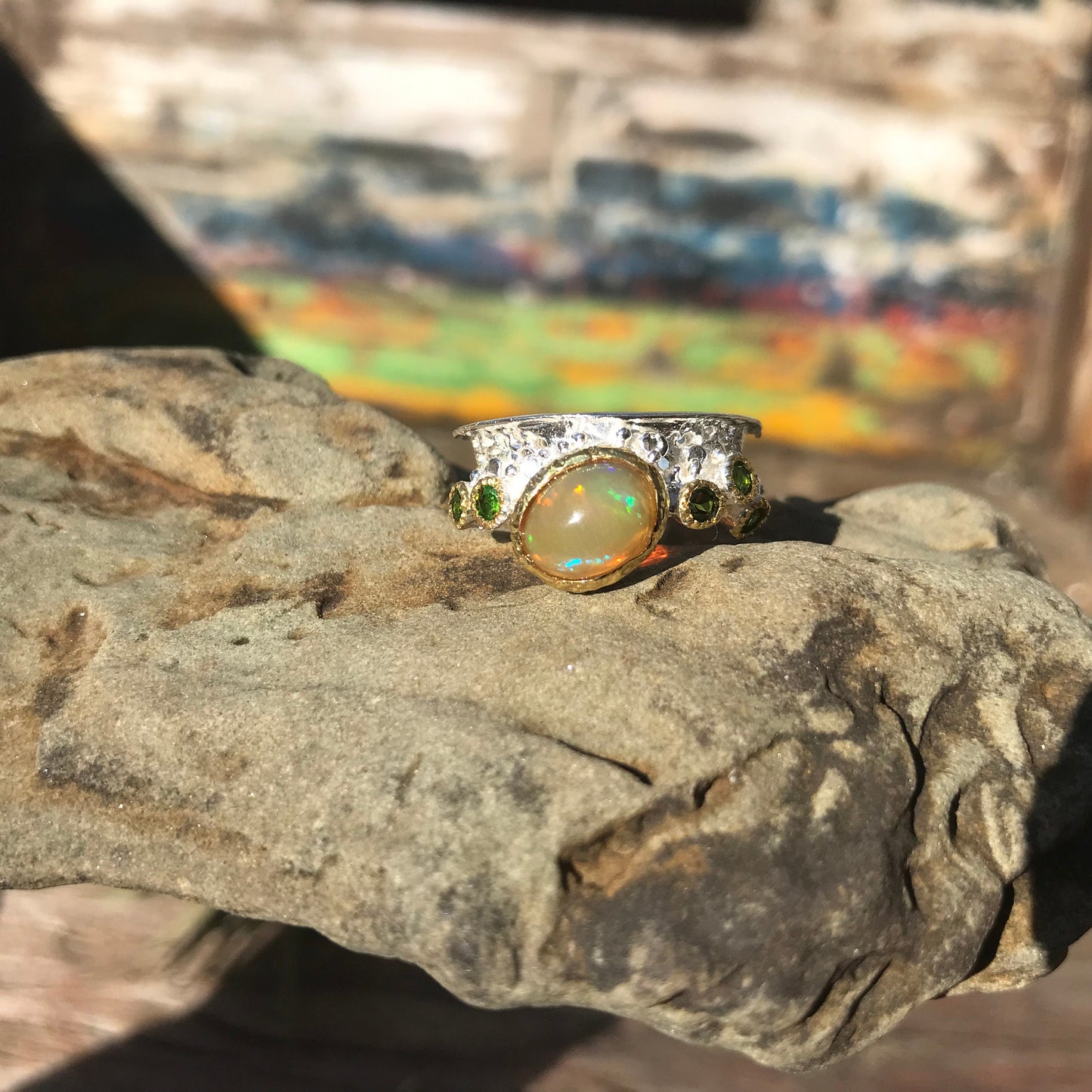 sterling silver Natural opal band ring 6.5