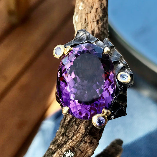 Sterling silver dark  Amethyst tanzanite statement Ring 9