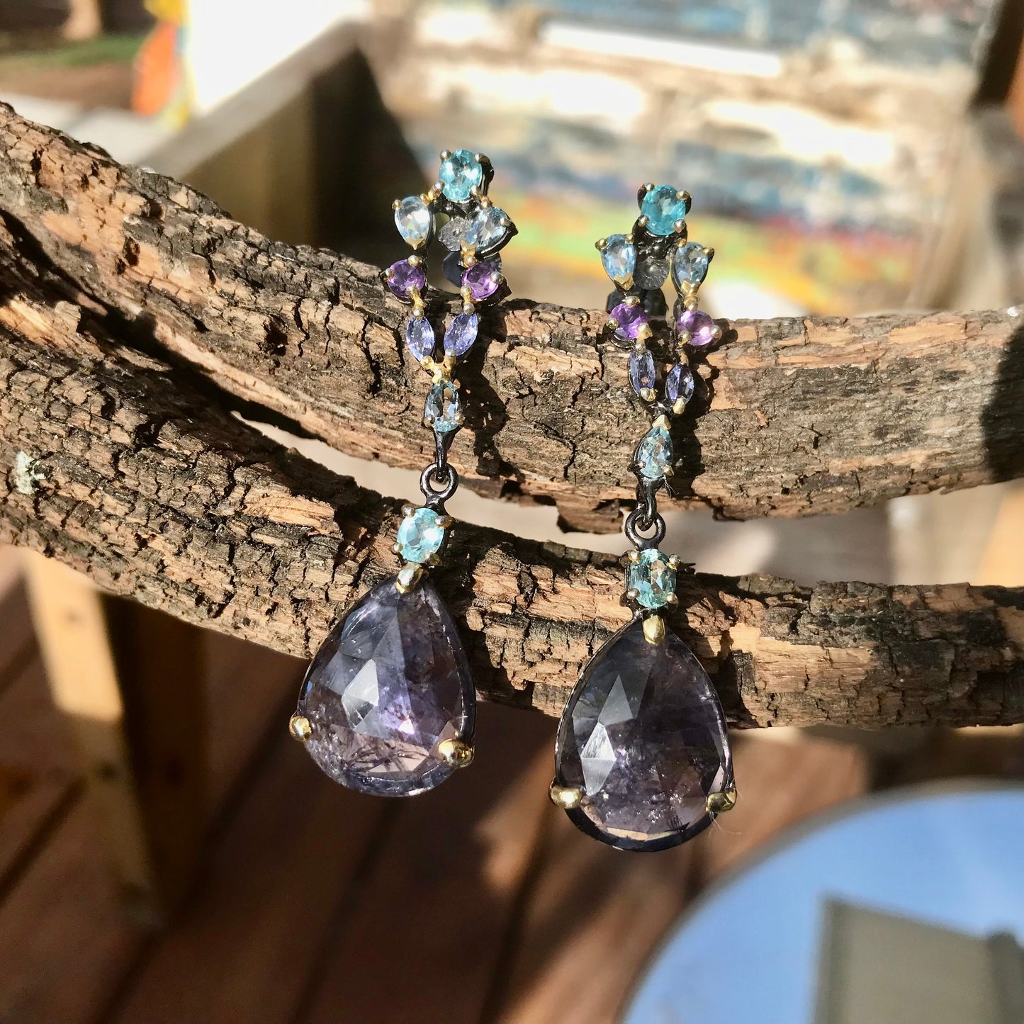 Sterling silver amethyst lolite dangle fancy earrings