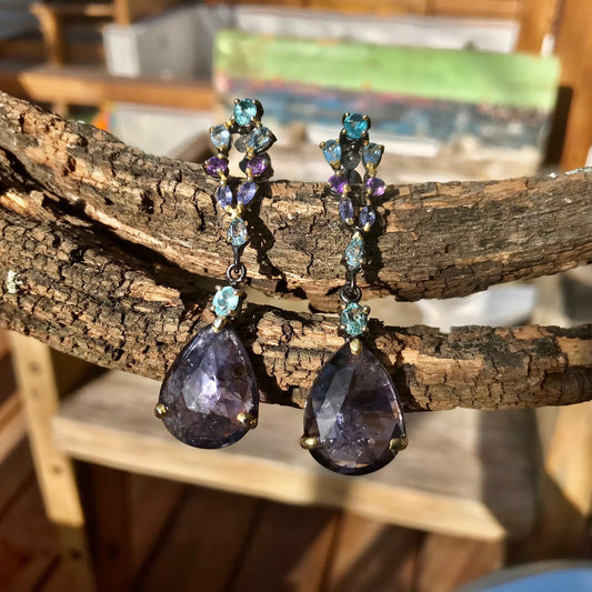 Sterling silver amethyst lolite dangle fancy earrings