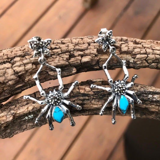 Sterling-silver Spider Marcasite Turquoise Dangle Earrings