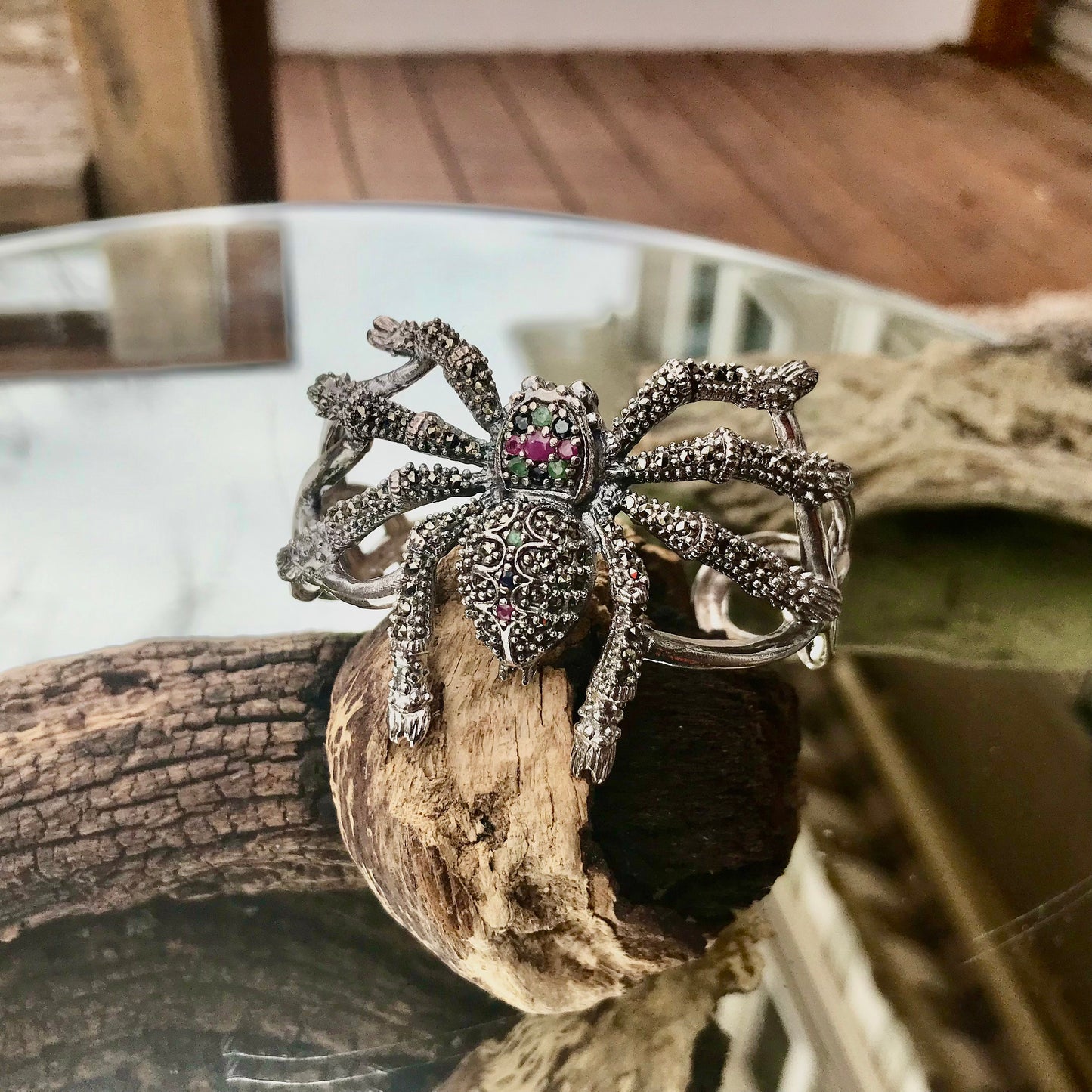 sterling silver spider marcasite ruby emerald sapphire cuff Bracelet