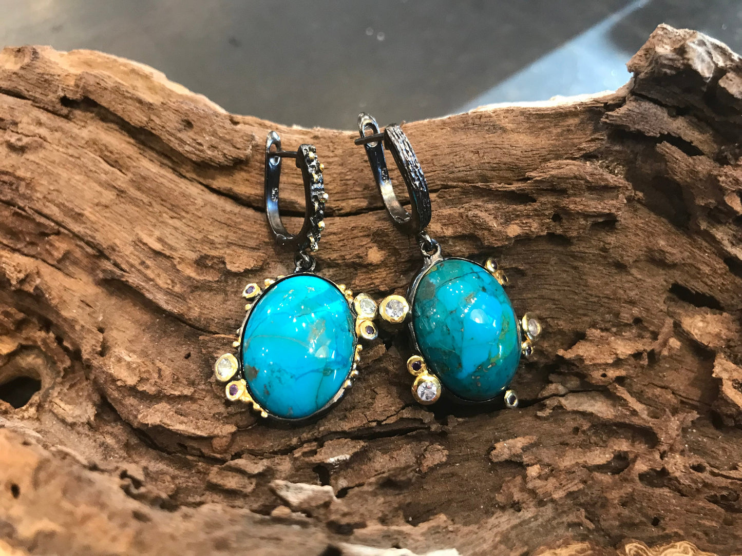 sterling silver statement natural turquoise Topaz  earrings