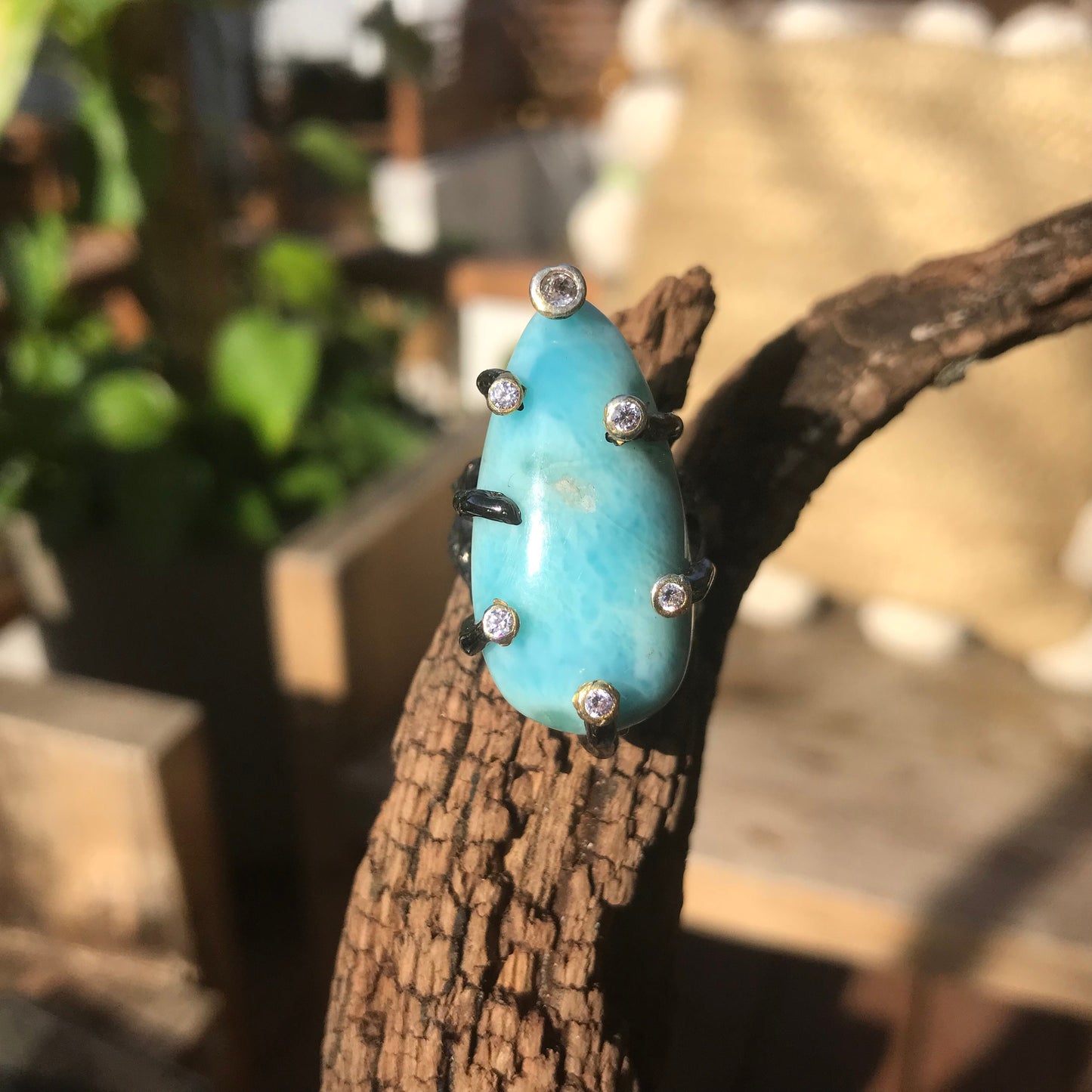 sterling silver Dominican  Larimar rustic statement ring 8