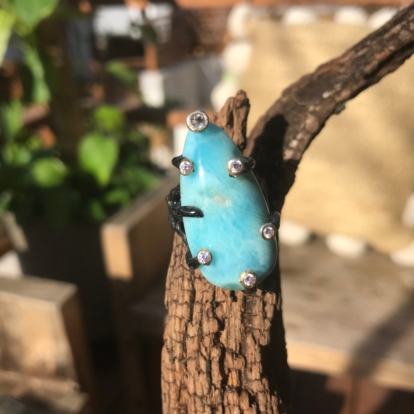 sterling silver Dominican  Larimar rustic statement ring 8