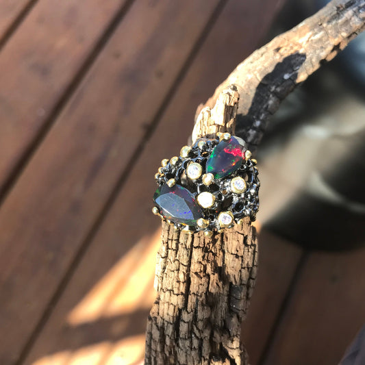 sterling silver natural fire red blue opal organic brutalist ring 9