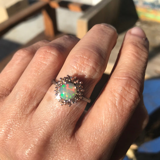Sterling Silver Fire rainbow opal  promise Ring 8