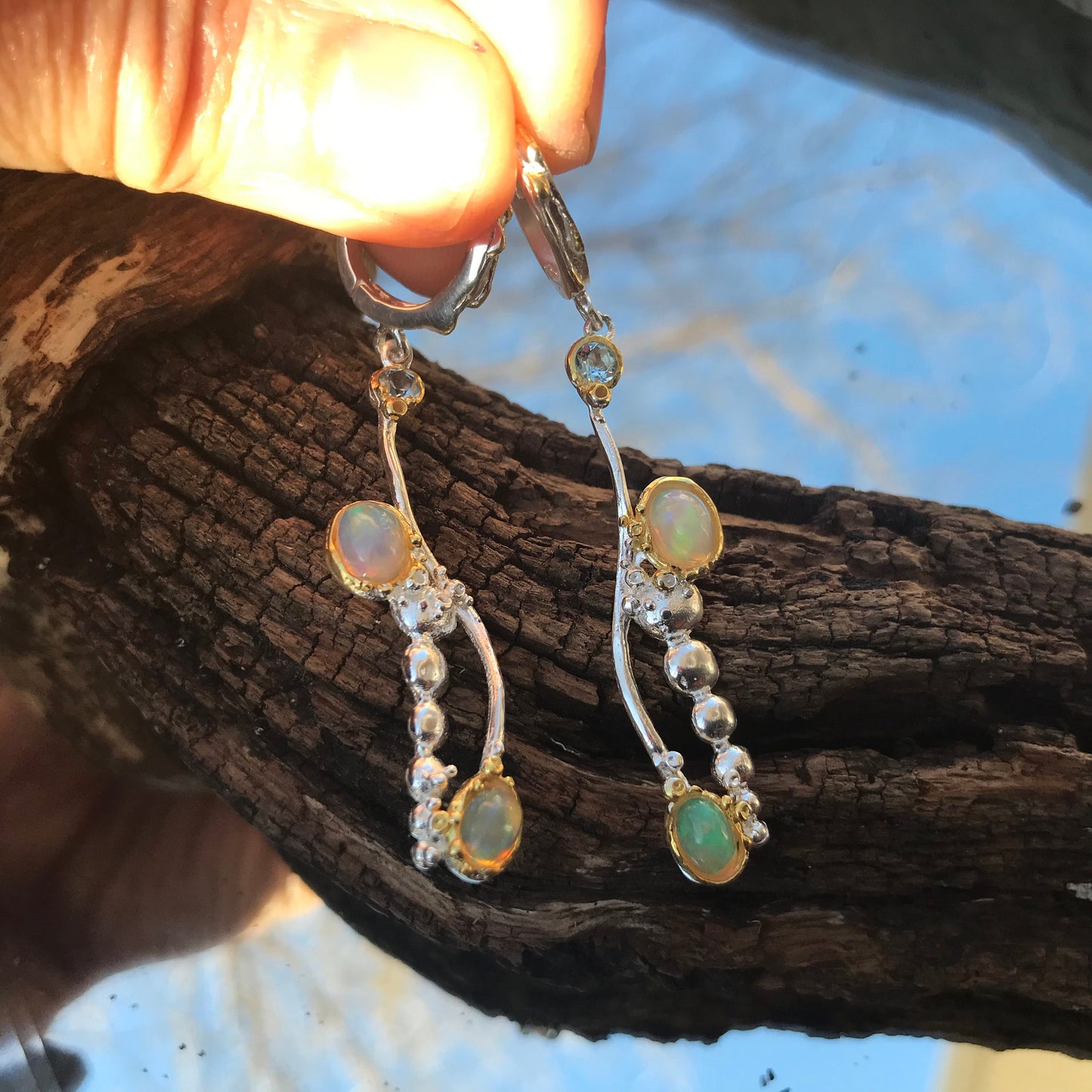 Sterling Silver Natural fire Opal dangle topaz  Earrings
