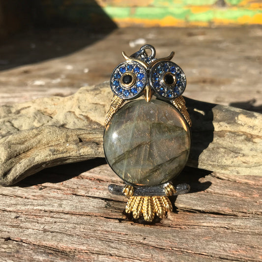 Sterling silver sapphire labradorite owl pendant