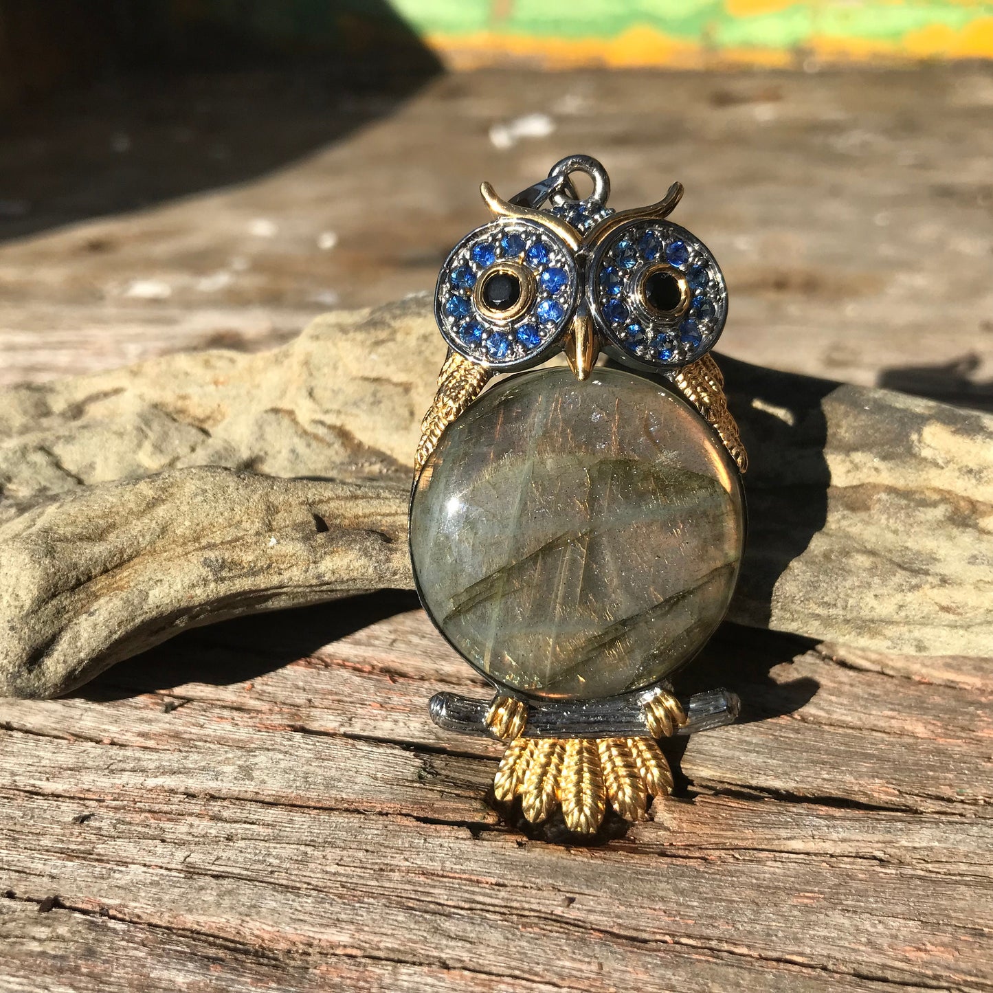 Sterling silver sapphire labradorite owl pendant