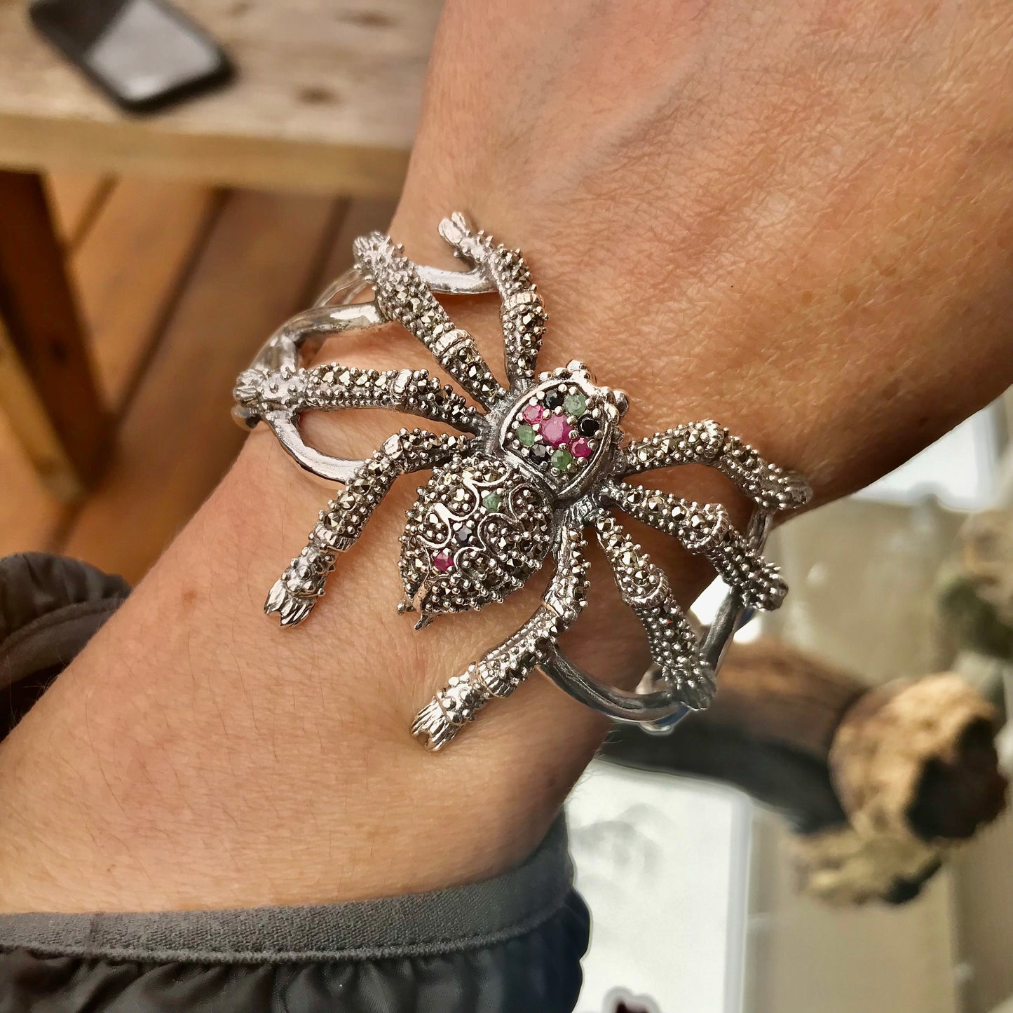 sterling silver spider marcasite ruby emerald sapphire cuff Bracelet