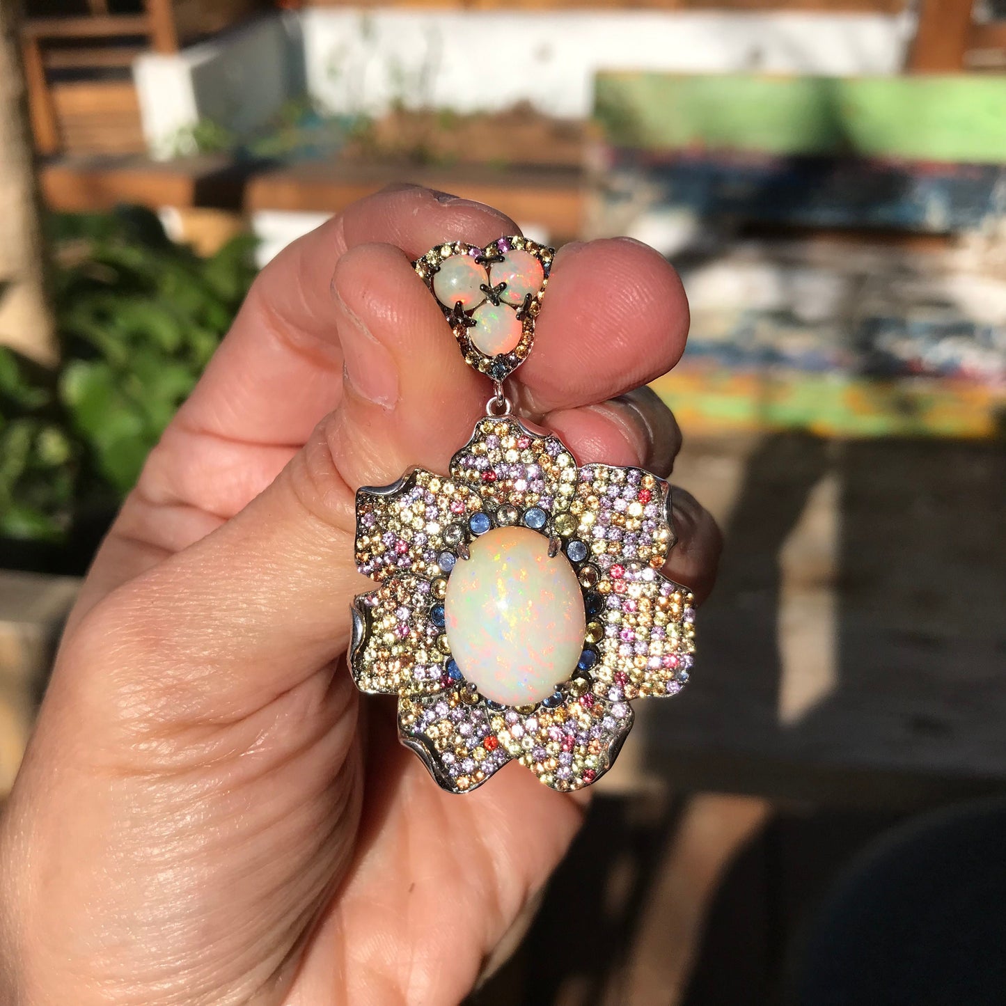 sterling silver Natural rainbow  sapphire opal pendant