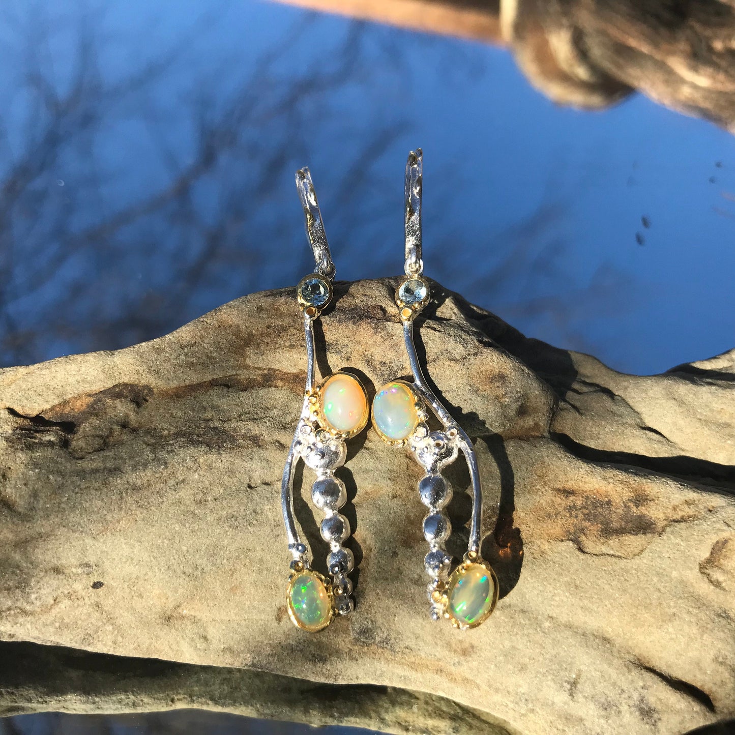 Sterling Silver Natural fire Opal dangle topaz  Earrings