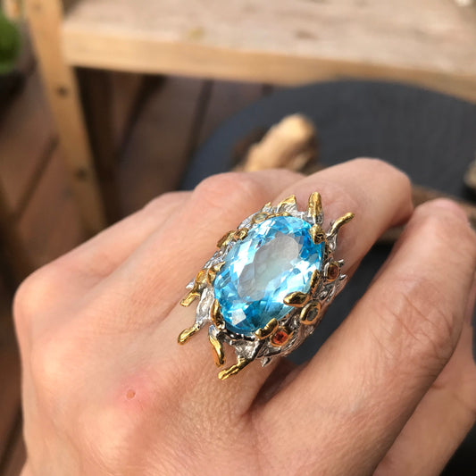 Sterling Silver Organic sky blue topaz  ring handmade 7.5