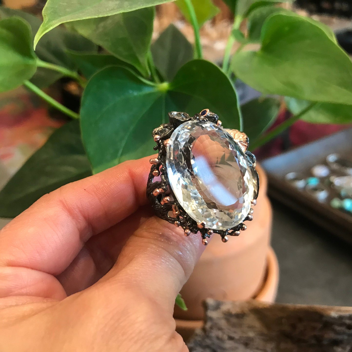 sterling silver 40ct natural quartz topaz  statement ring 8.5