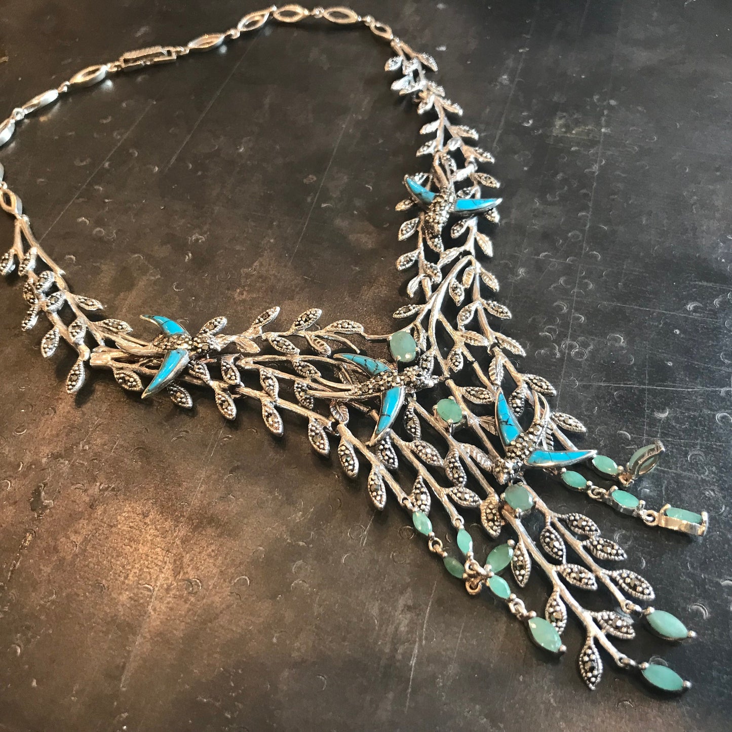 Sterling silver turquoise emerald statement necklace