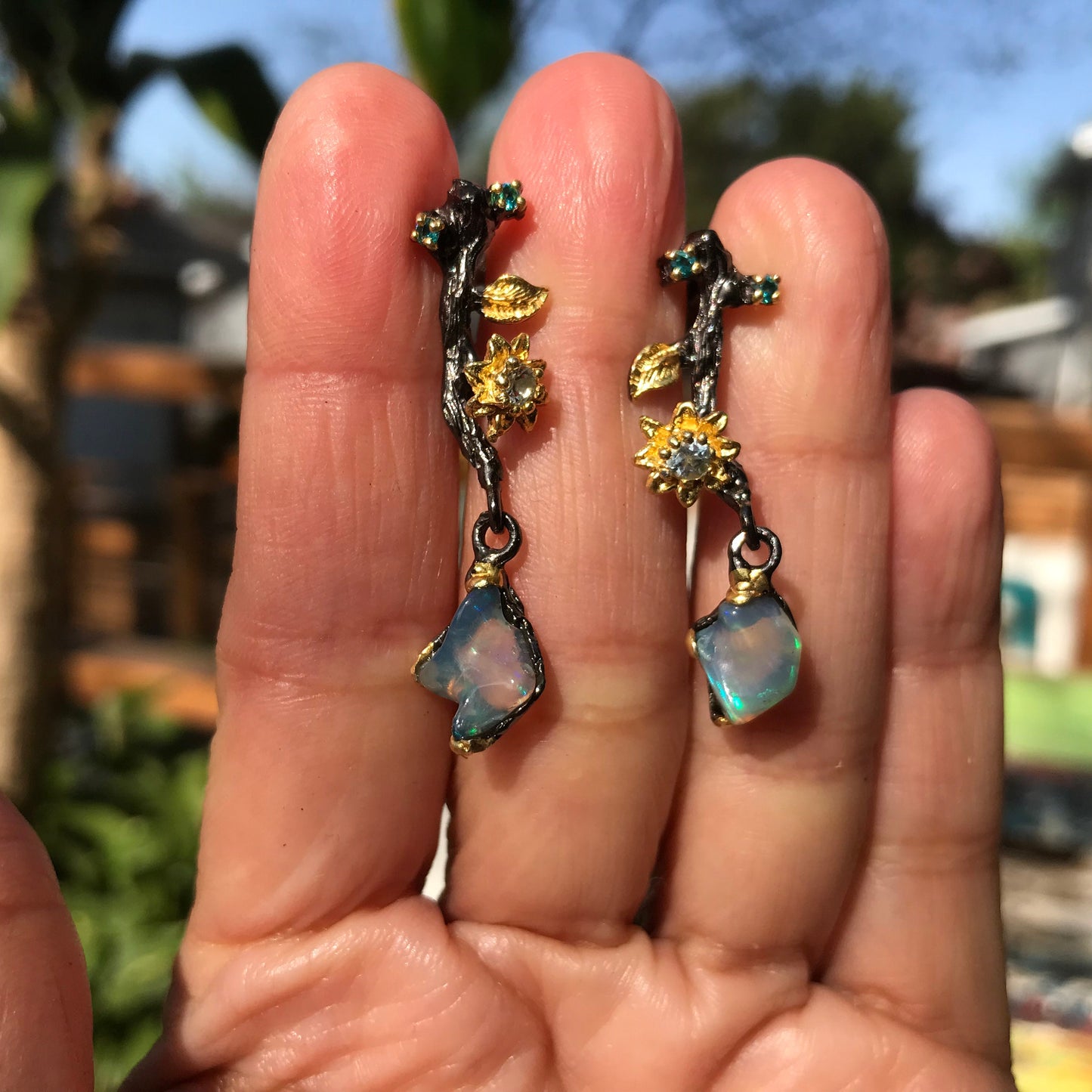 Sterling silver Fire Opal topaz Etnika natural art  earrings