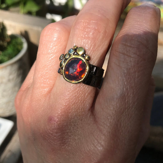 sterling silver natural fire rainbow opal band Etnika ring 8