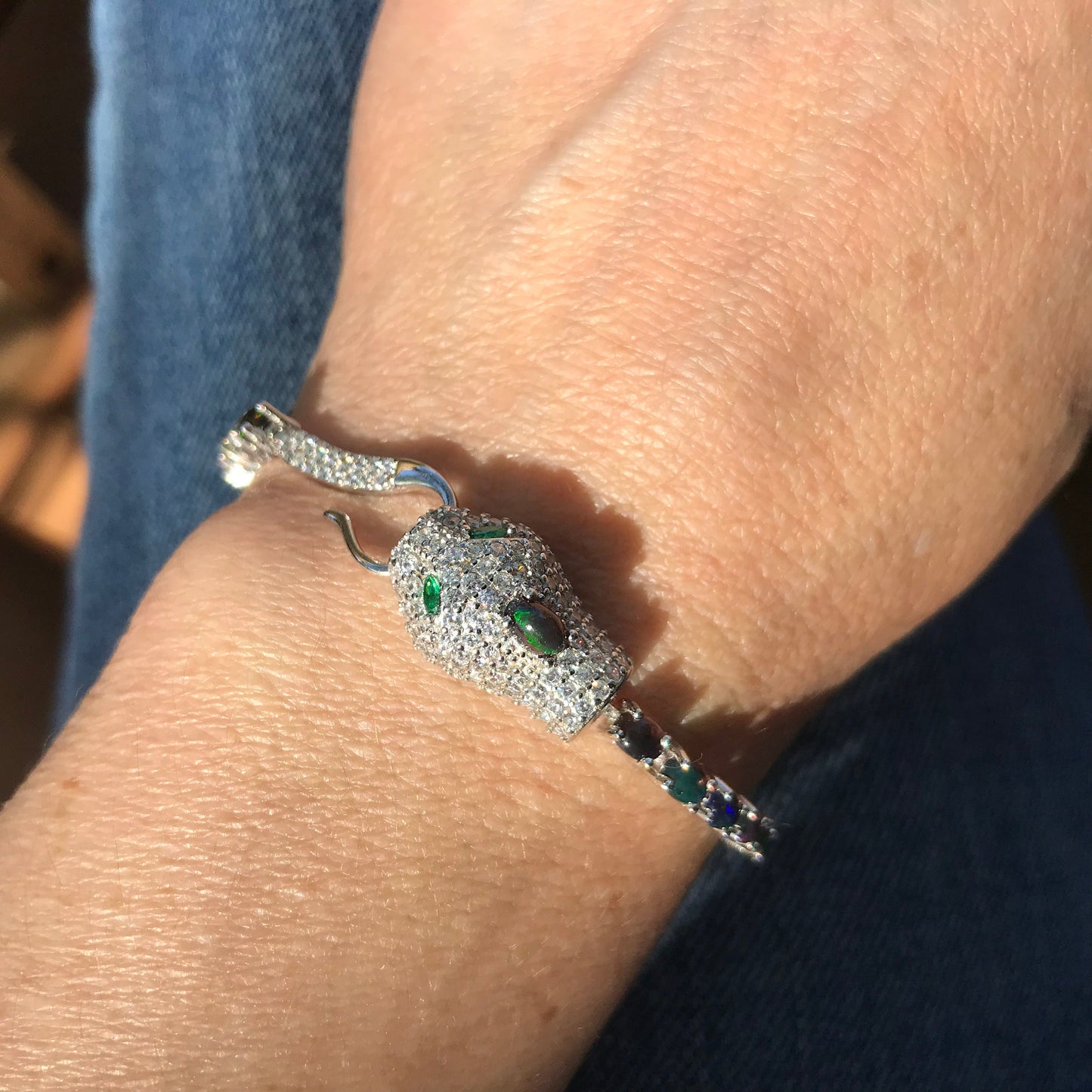 Sterling silver natural black  fire opal snake cz  Etnika bracelet