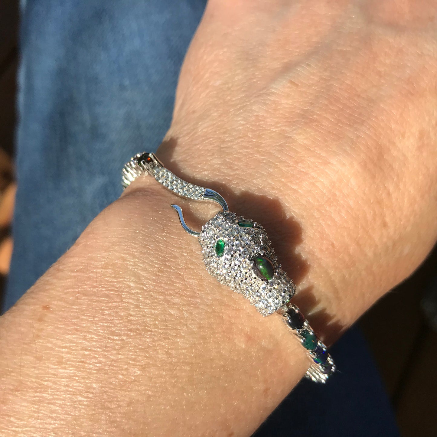 Sterling silver natural black  fire opal snake cz  Etnika bracelet