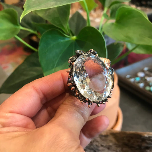 sterling silver 40ct natural quartz topaz  statement ring 8.5