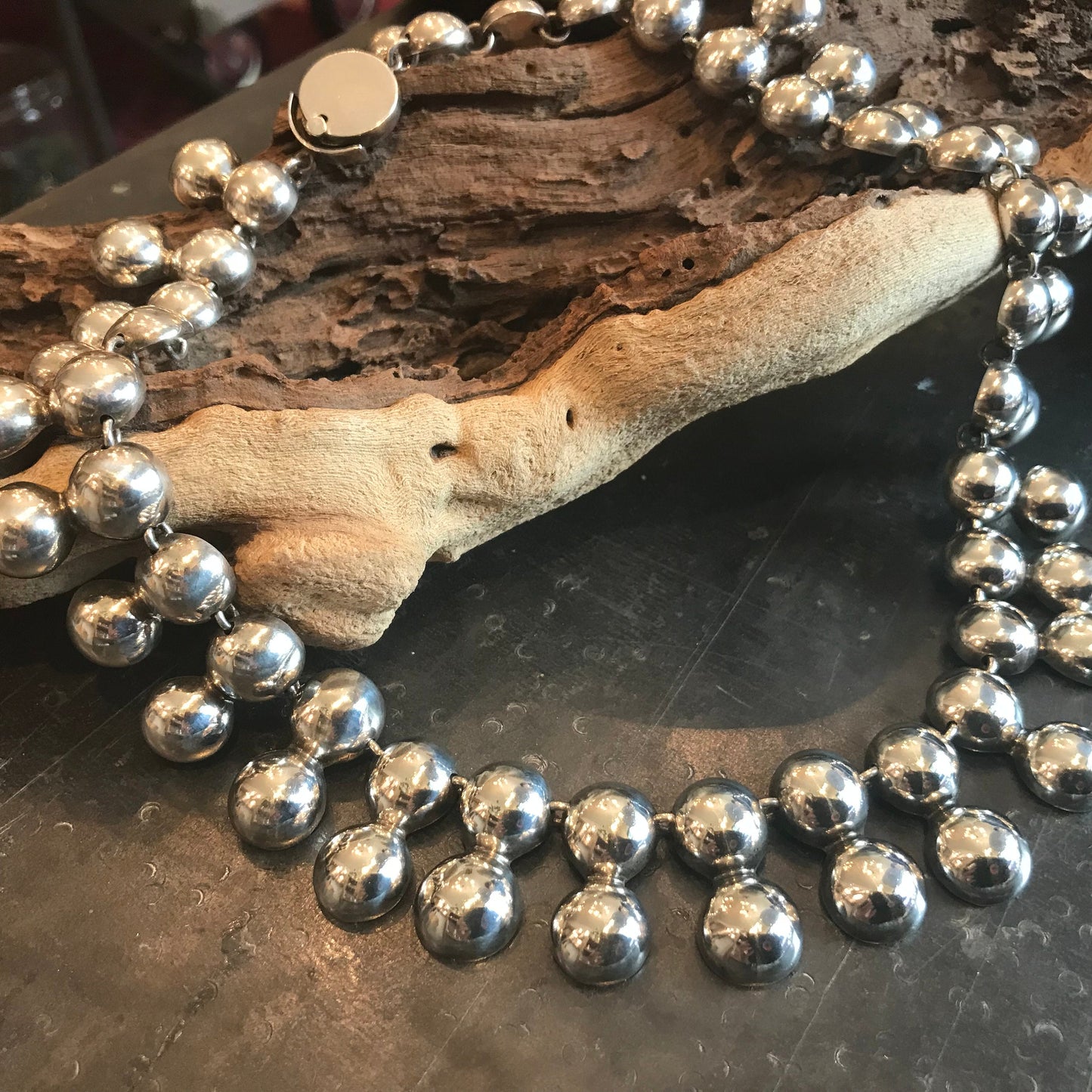 Sterling silver Repousse Ball bead Modernist Vintage necklace