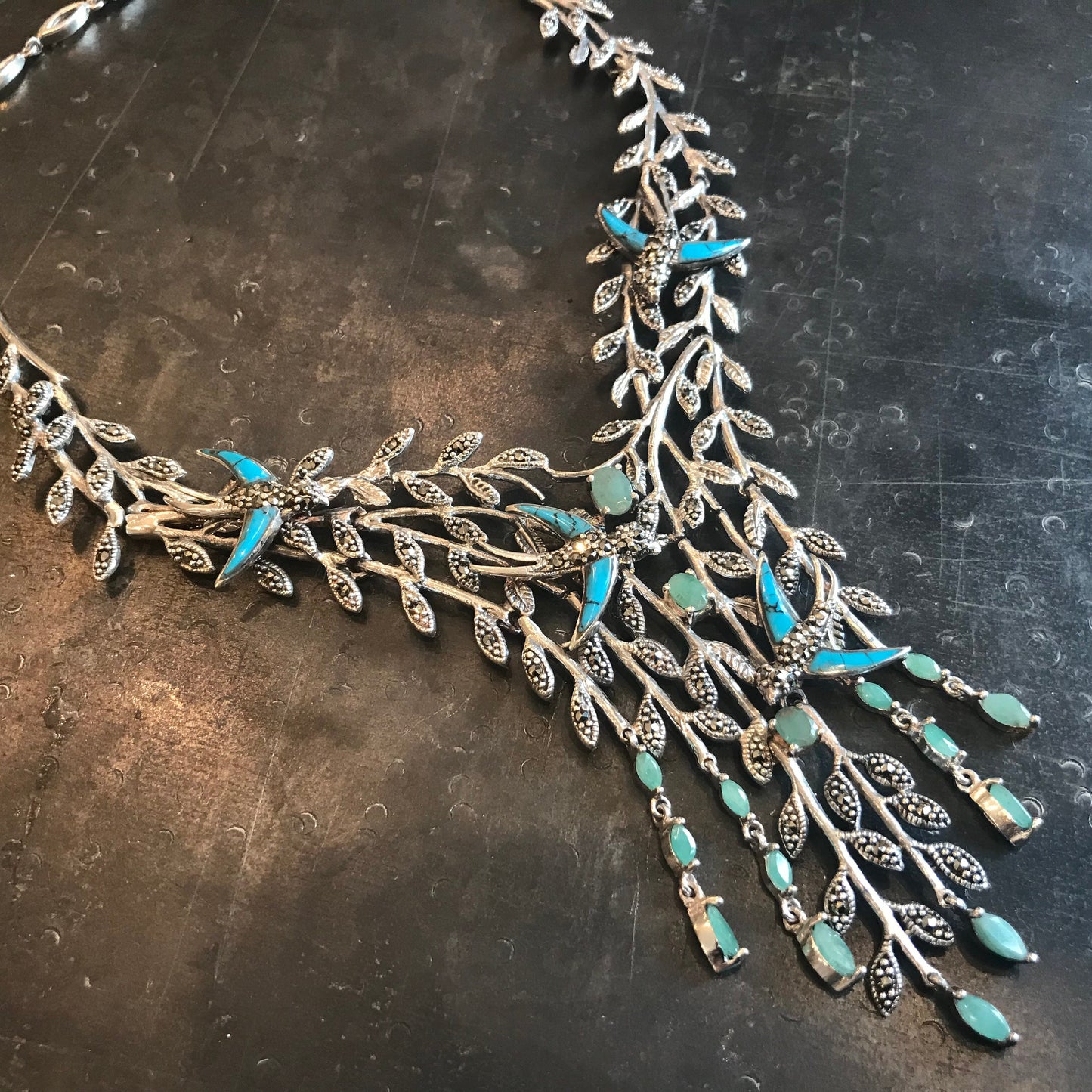 Sterling silver turquoise emerald statement necklace