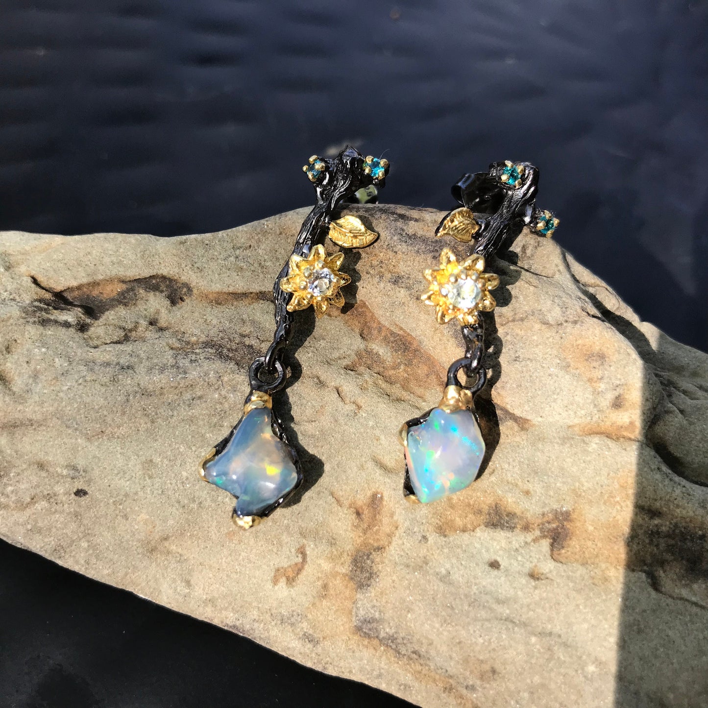 Sterling silver Fire Opal topaz Etnika natural art  earrings