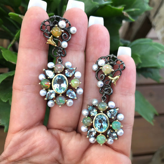 Sterling Silver moonstone natural opal pearl fancy Earrings