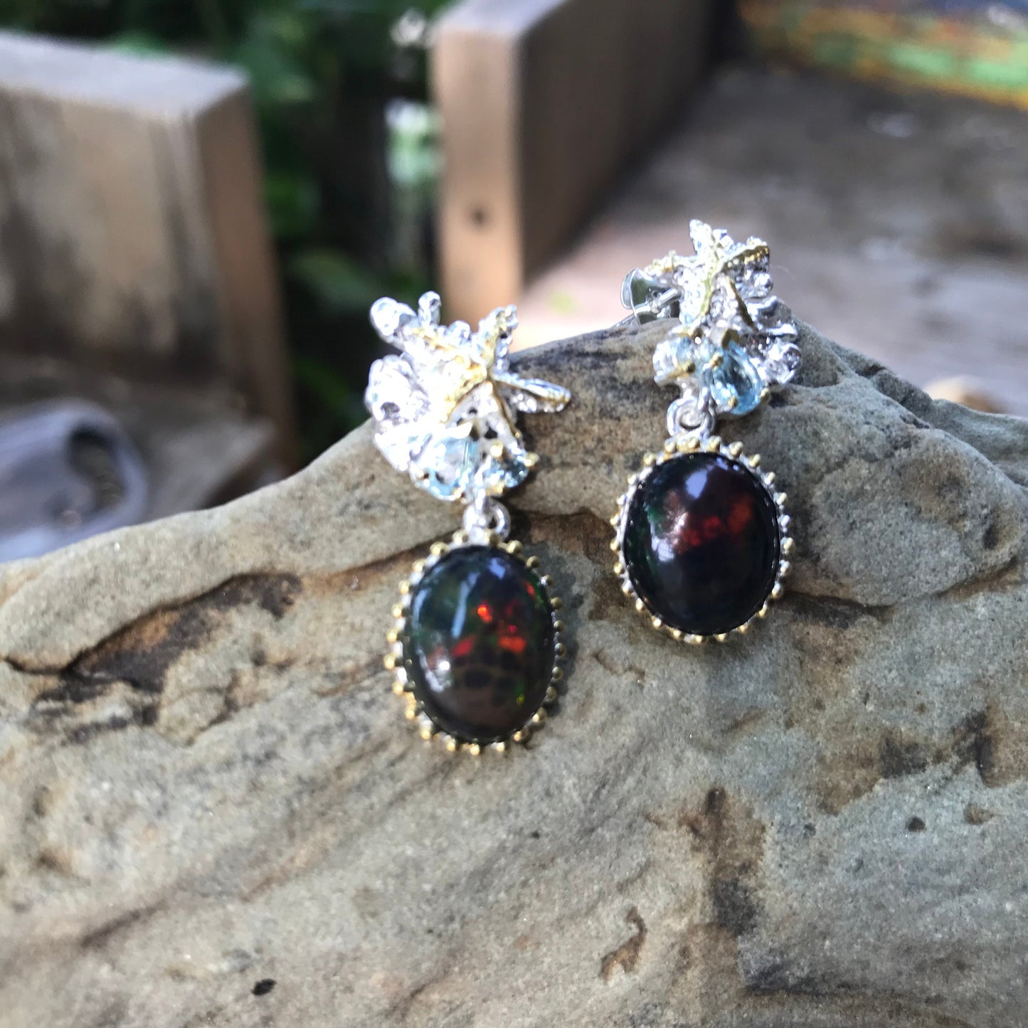 Sterling Silver Rainbow Natural black Opal topaz  earrings