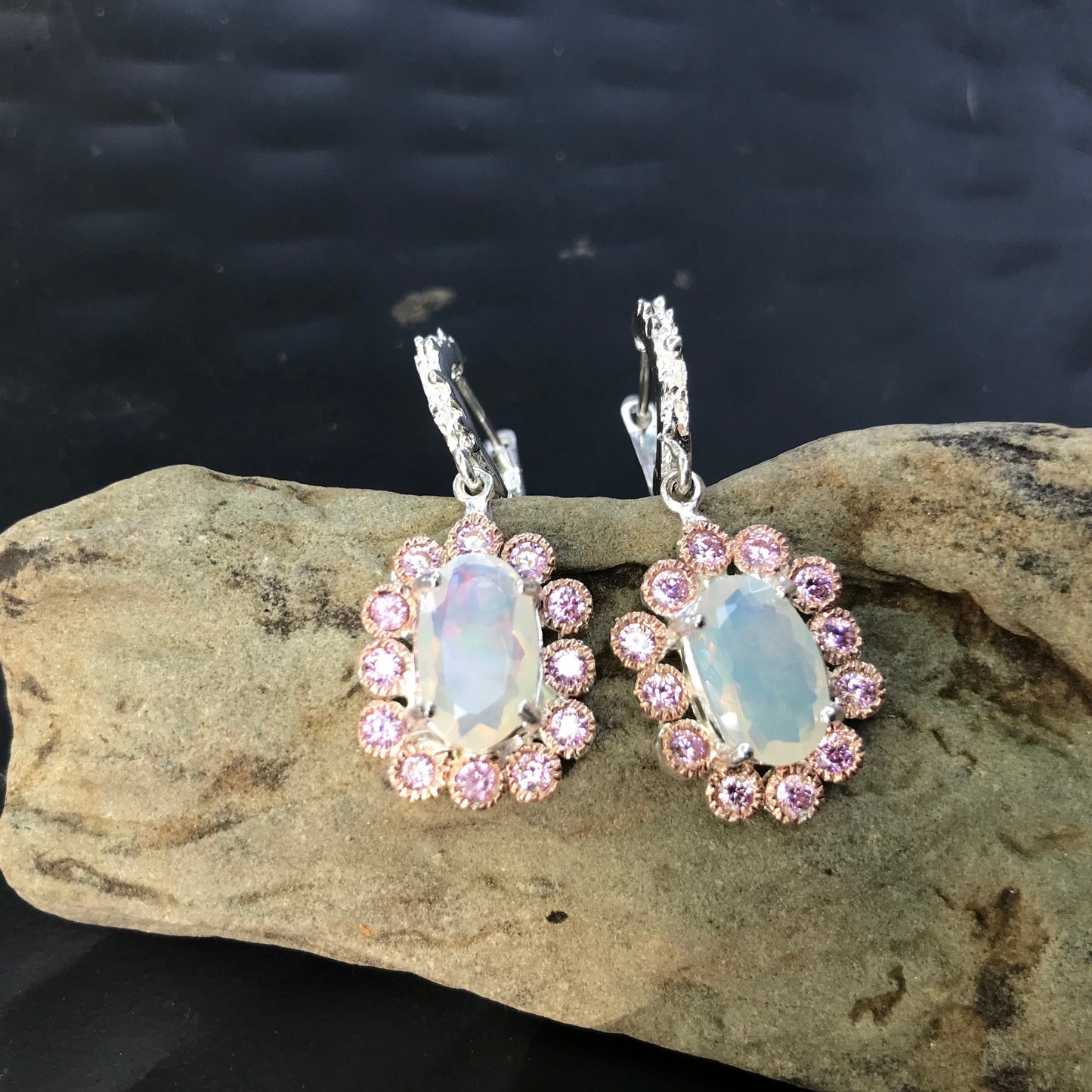 sterling silver Black natural opal pink cz dangle earrings