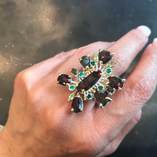 sterling silver Natural black Fire Opal onyx peridot statement ring 7