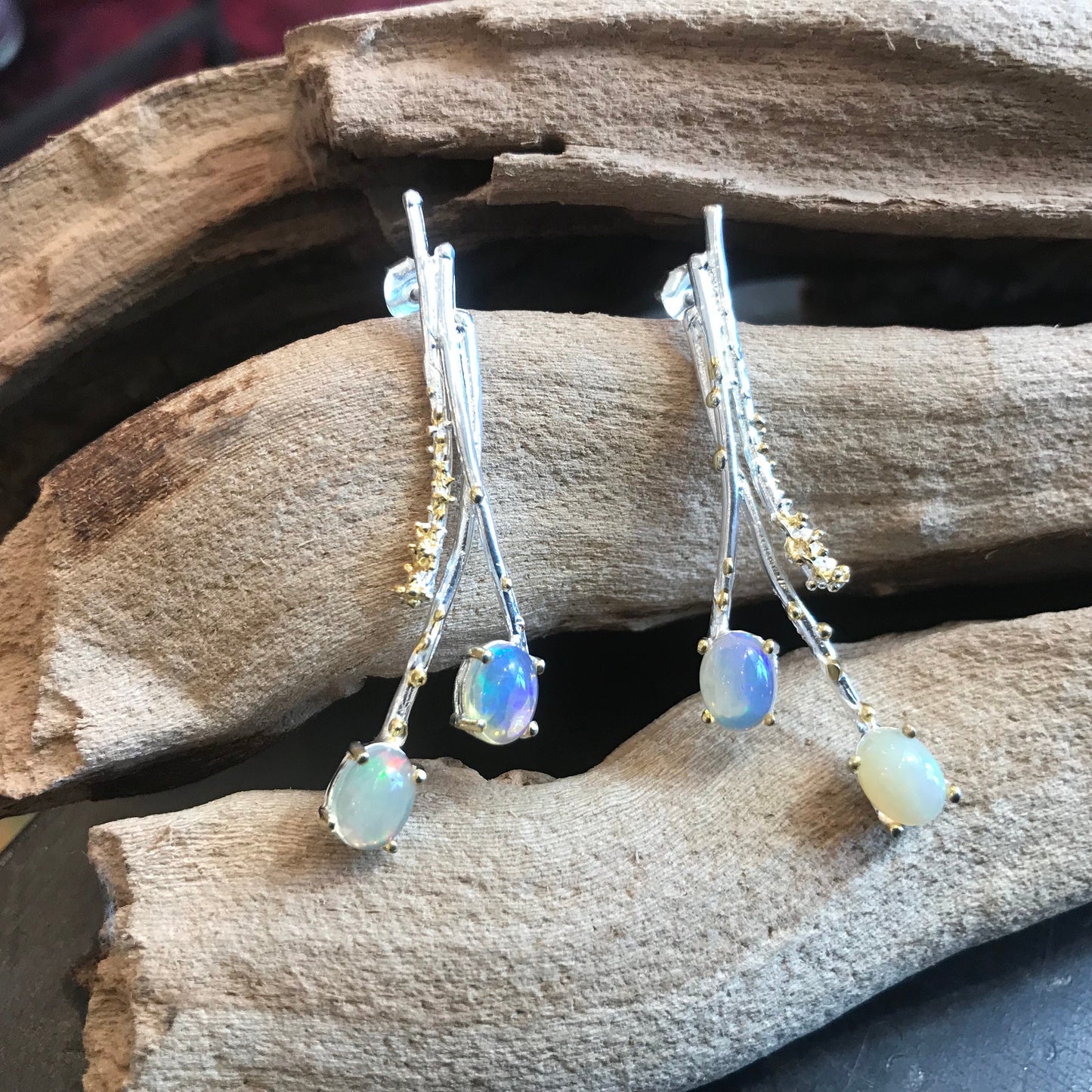 Sterling Silver fire opal stud earrings twigs art to wear