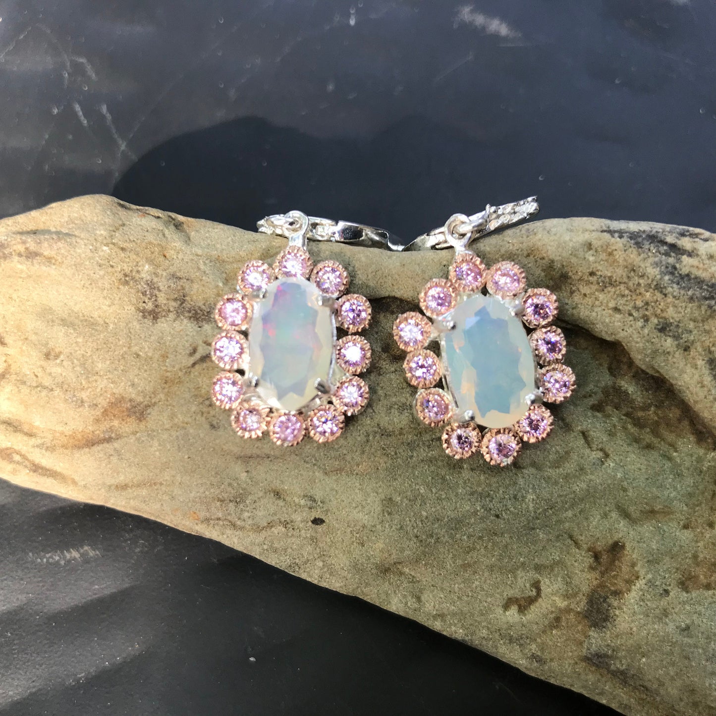 sterling silver Black natural opal pink cz dangle earrings