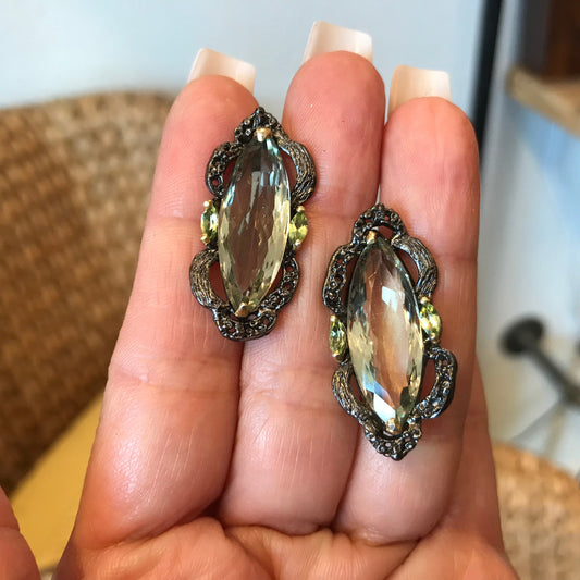 Sterling Silver green amethyst peridot marquis cut stud Earrings