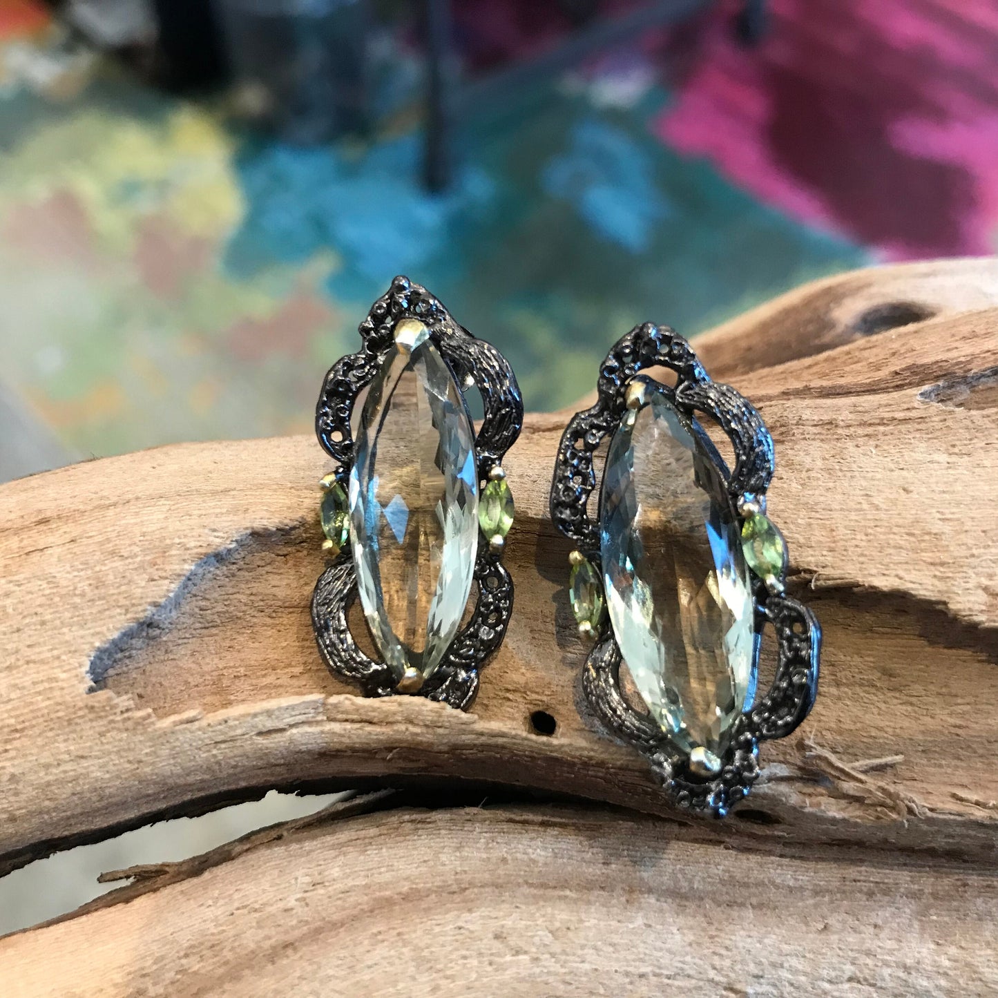 Sterling Silver green amethyst peridot marquis cut stud Earrings
