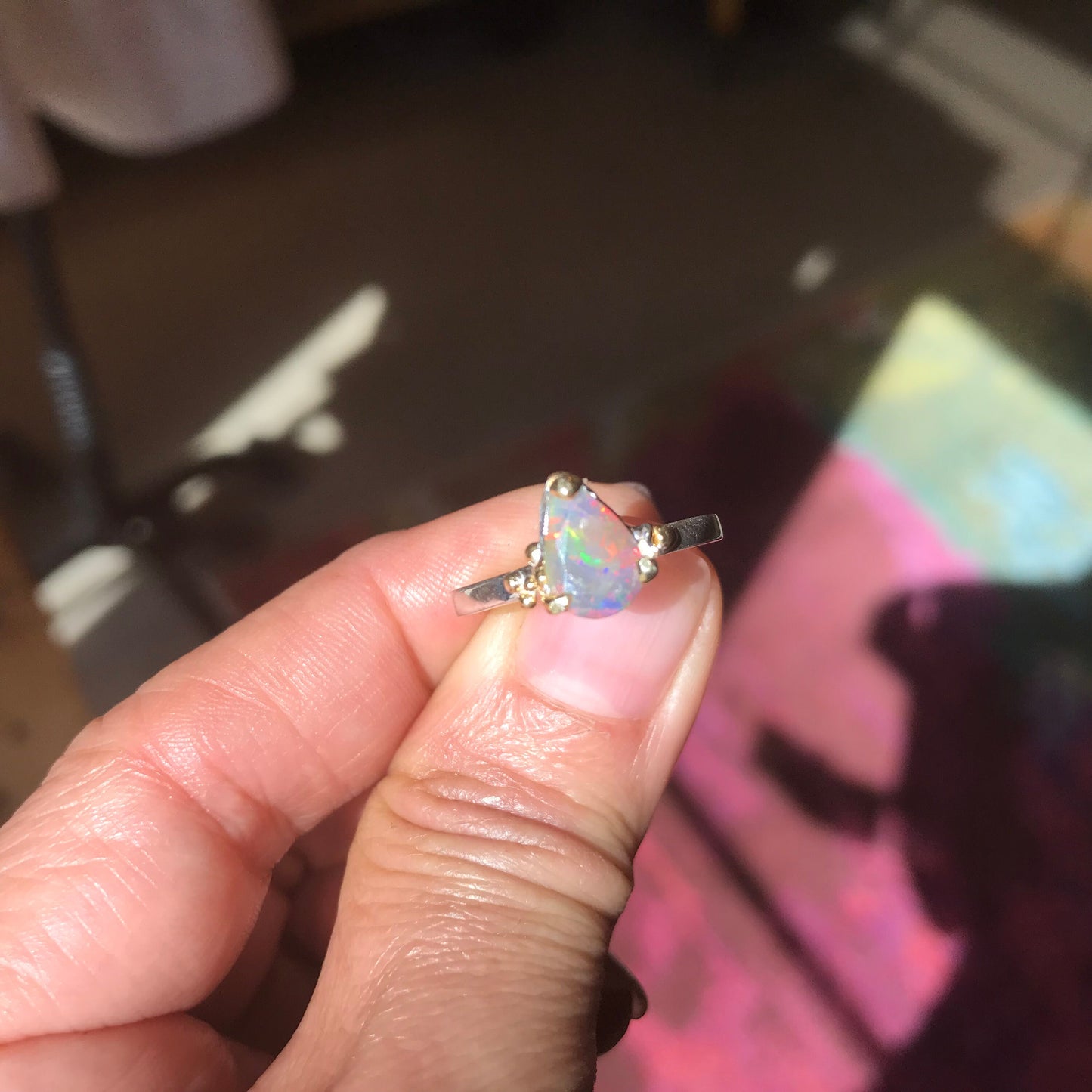 Sterling Silver Fire rainbow opal  solitaire promise Ring 8