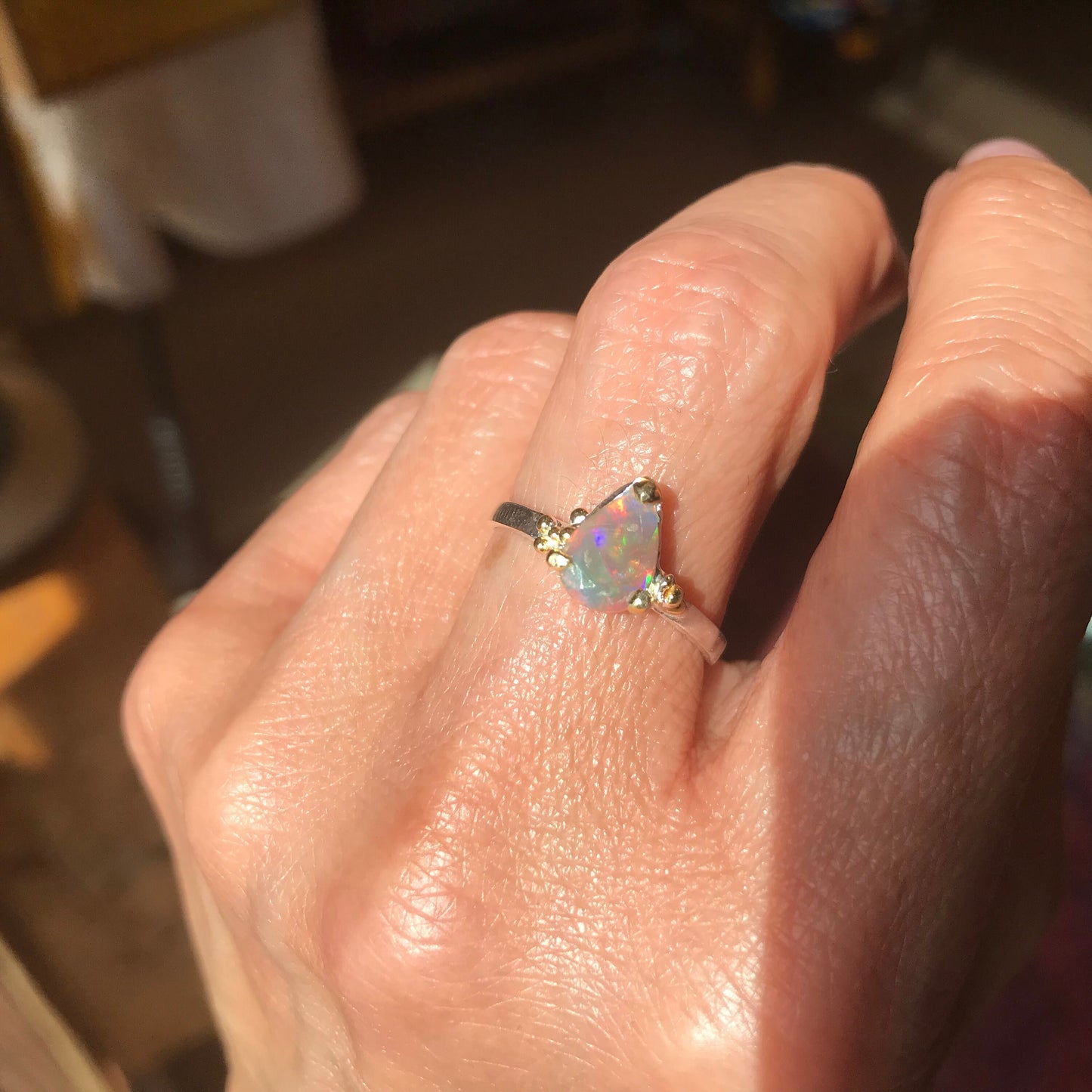 Sterling Silver Fire rainbow opal  solitaire promise Ring 8