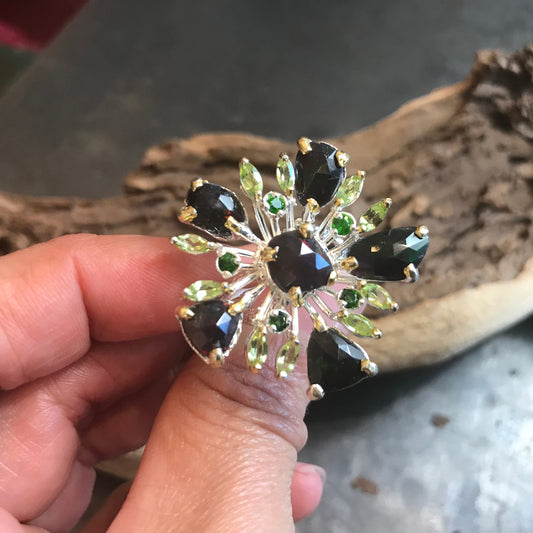 sterling silver Natural black blue Fire Opal peridot sunburst ring 9