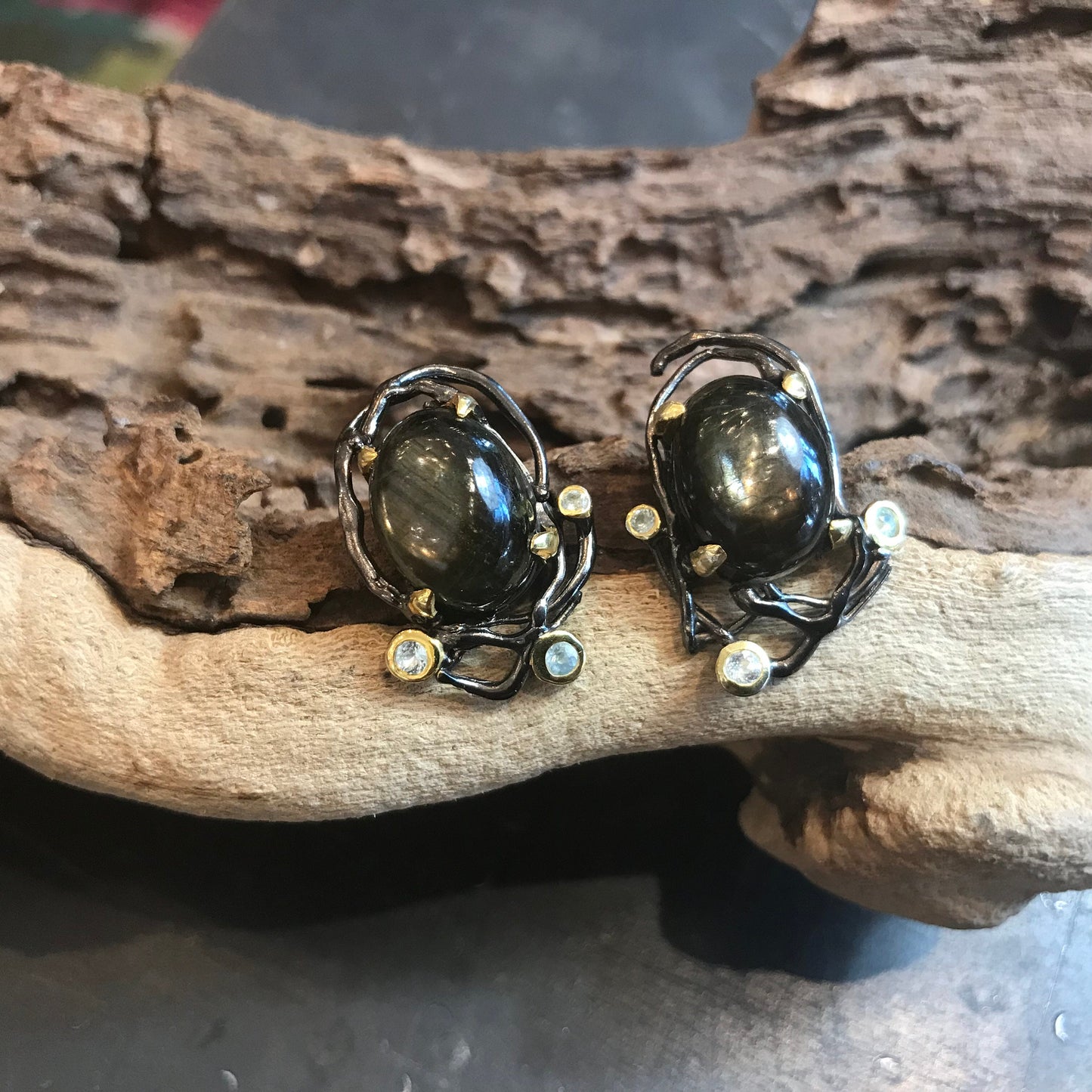 Sterling Silver black natural Sapphire large stud earrings