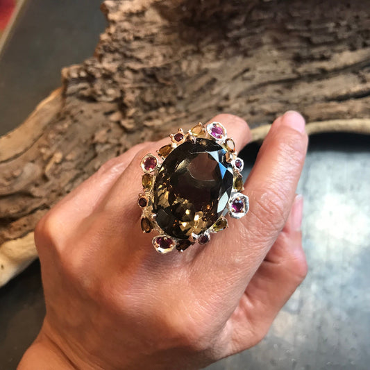 Sterling Silver 40ct Natural Smokey quartz huge  fancy Ring 8