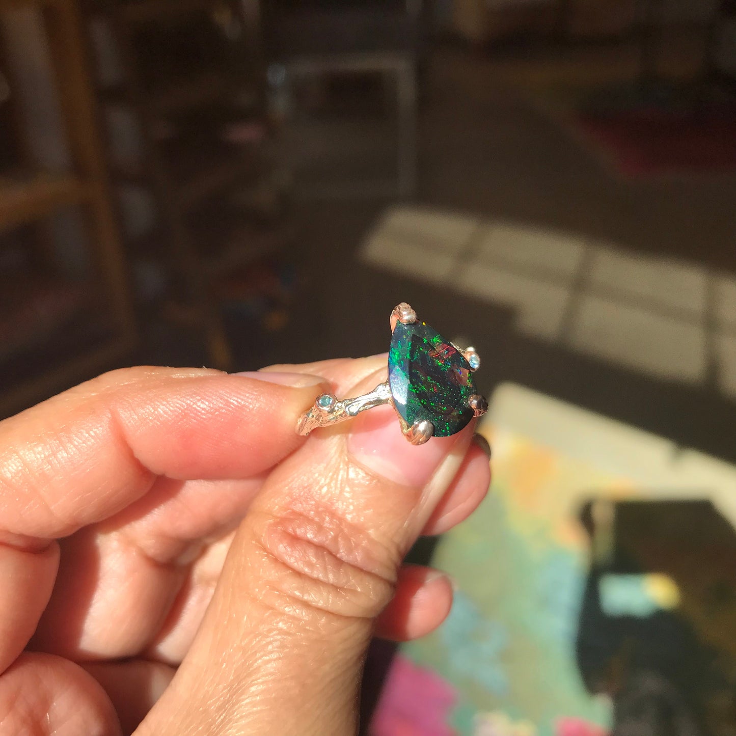 Sterling Silver Fire black blue fire opal solitaire promise Ring 8.5