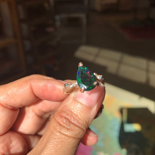 Sterling Silver Fire black blue fire opal solitaire promise Ring 8.5