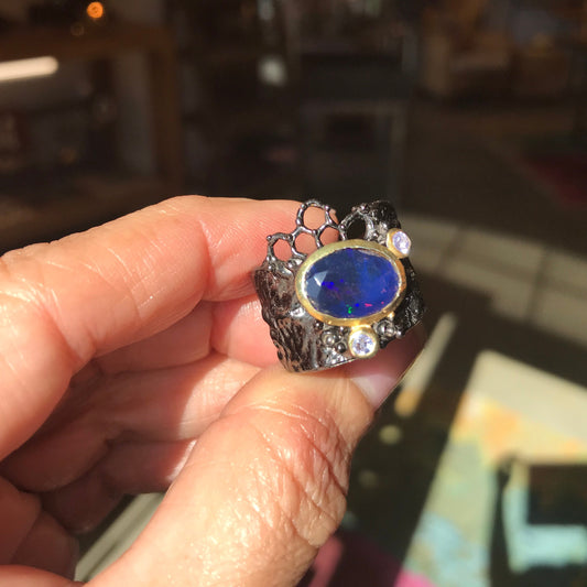 sterling silver  natural blue fire opal band ring 8